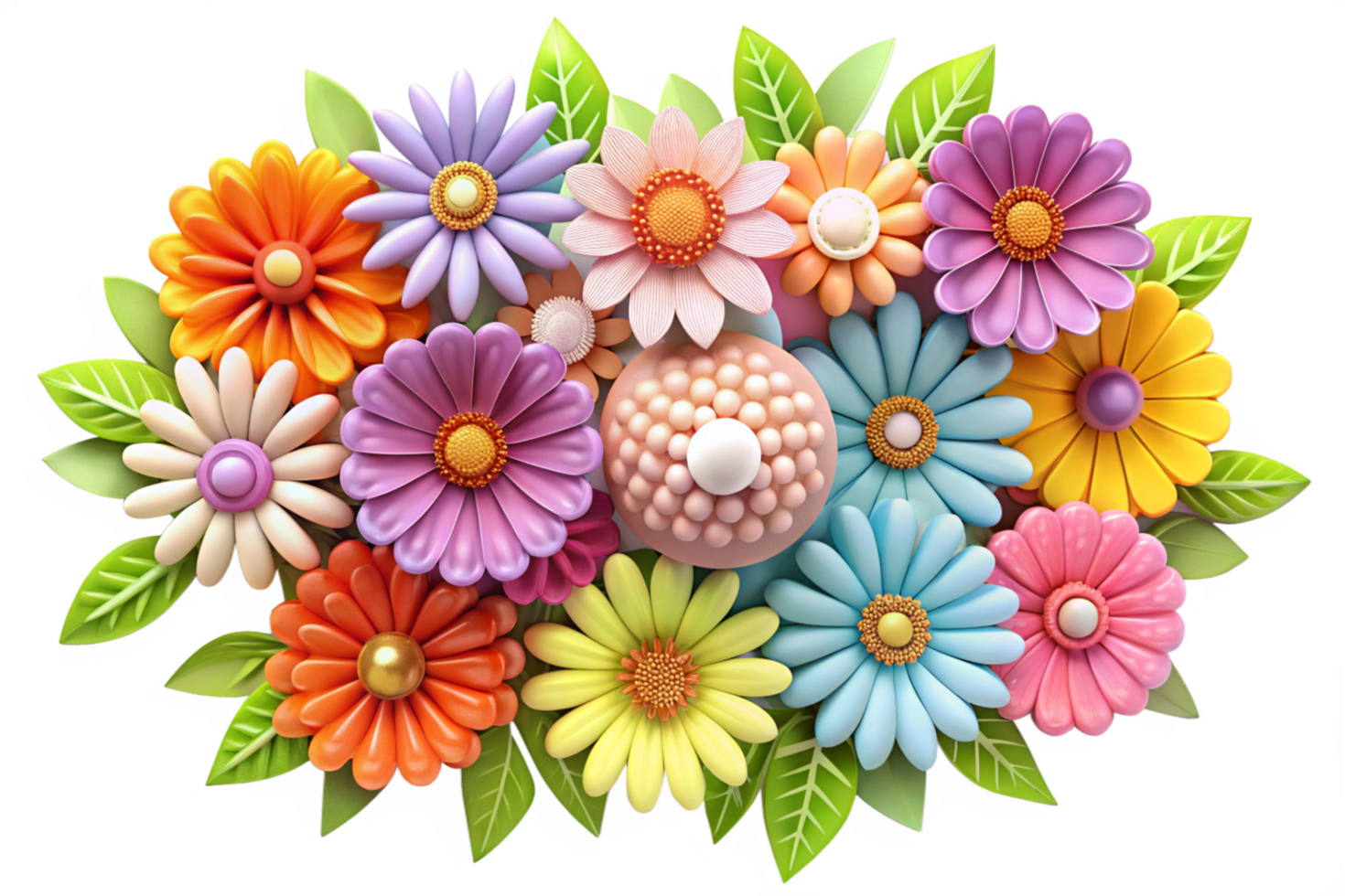 Vibrant 3D Render of a Colorful Flower Bouquet with Pastel Tones and Glossy Petals png