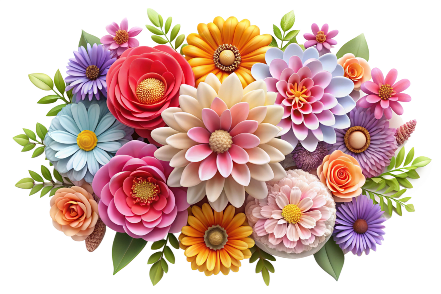 Vibrant 3D Paper Flower Bouquet Composition with Multiple Blooms and Greenery png