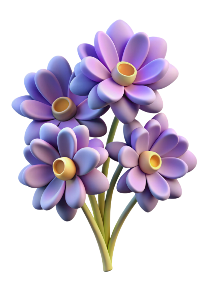 A delightful bouquet of four stylized 3D cartoon flowers in shades of purple and yellow png