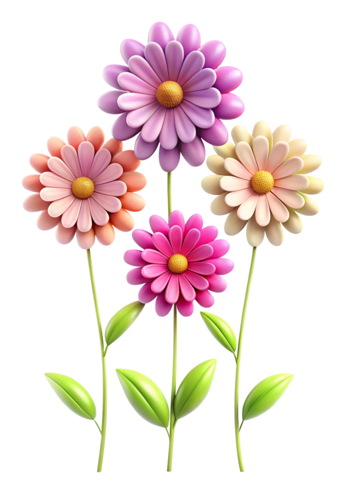 Vibrant 3D Render of Four Colorful Daisy Flowers with Lush Green Leaves png