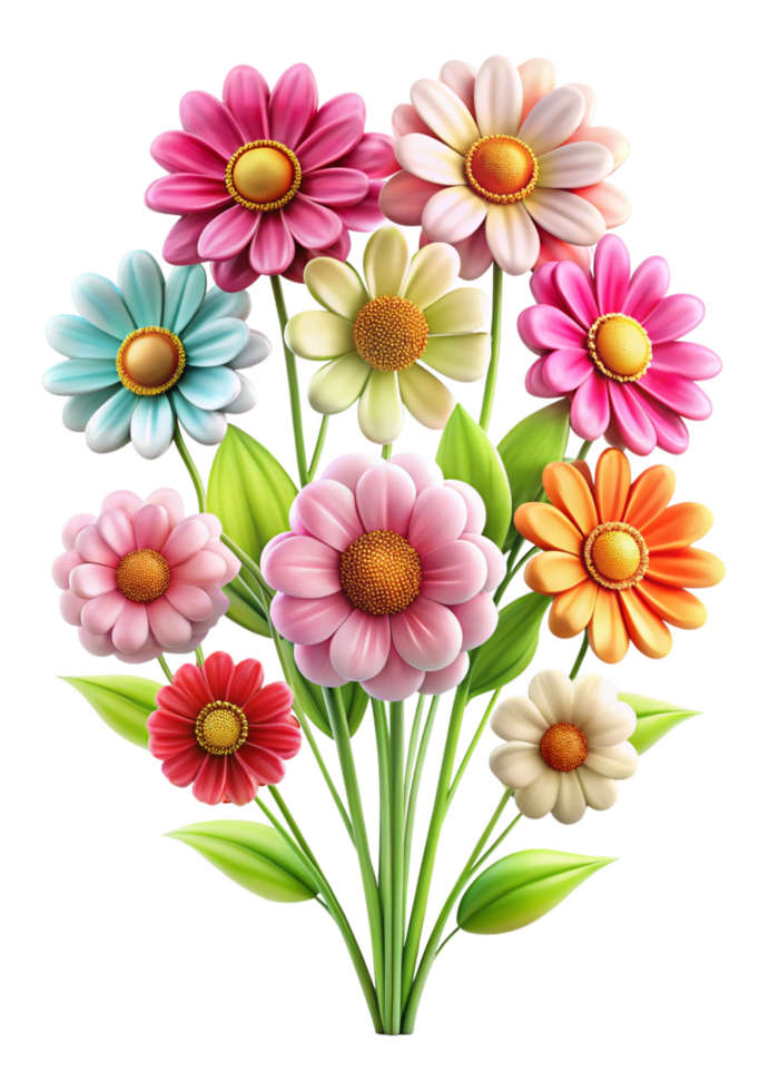 Vibrant Bouquet of Colorful Cartoon Flowers Full Bloom png