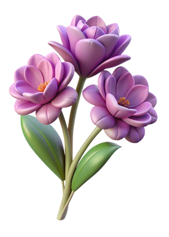 Three dimensional render of a lovely bouquet of three purple flowers with green leaves png
