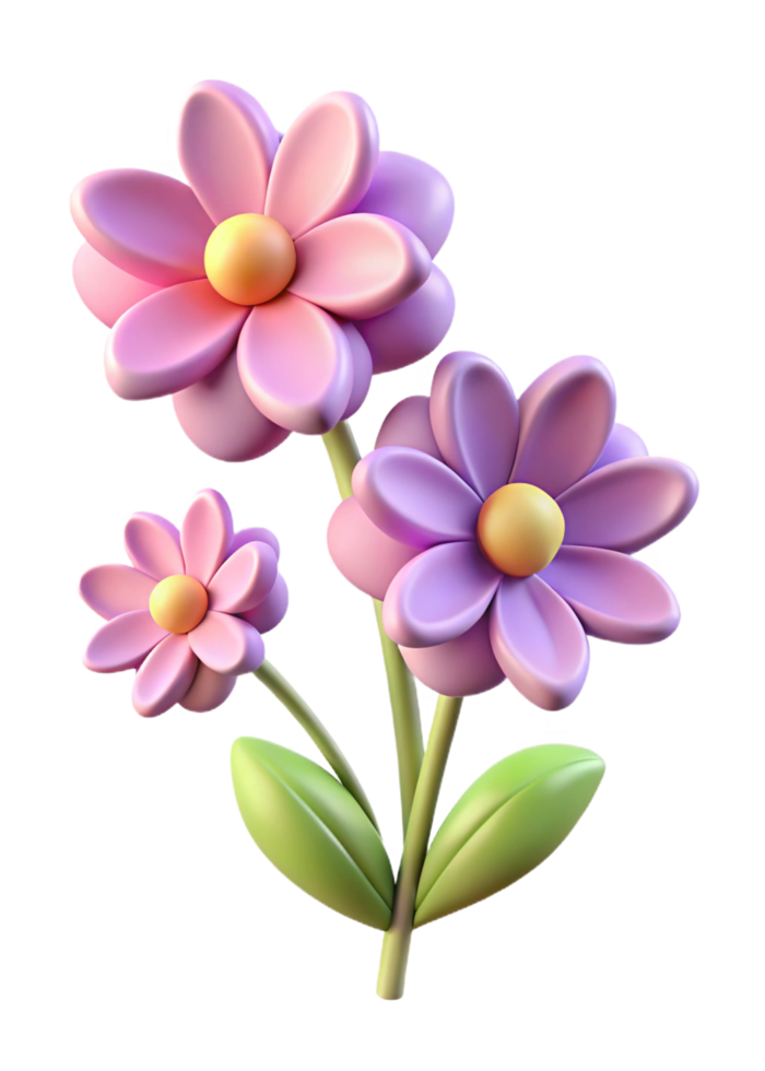 Three Dimensional Render of Cute Cartoon Flowers Bouquet with Pink and Purple Petals and Green Leaves png