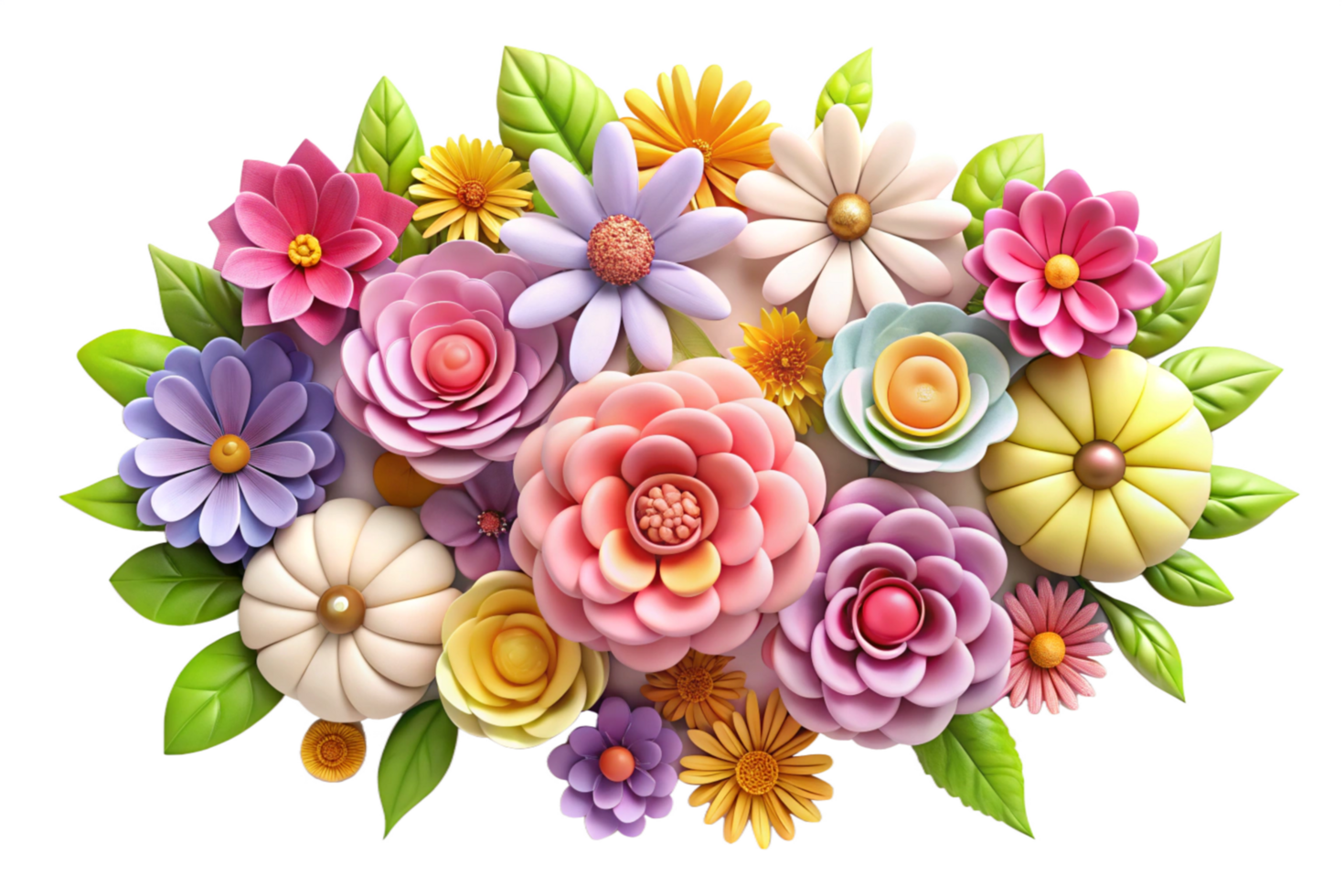 Vibrant 3D of a Colorful Flower Bouquet with Lush Green Leaves png