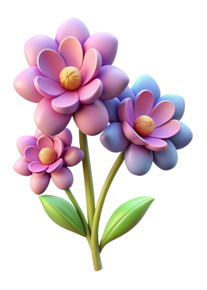 Three dimensional render of a charming bouquet of cartoon flowers with pastel colors png