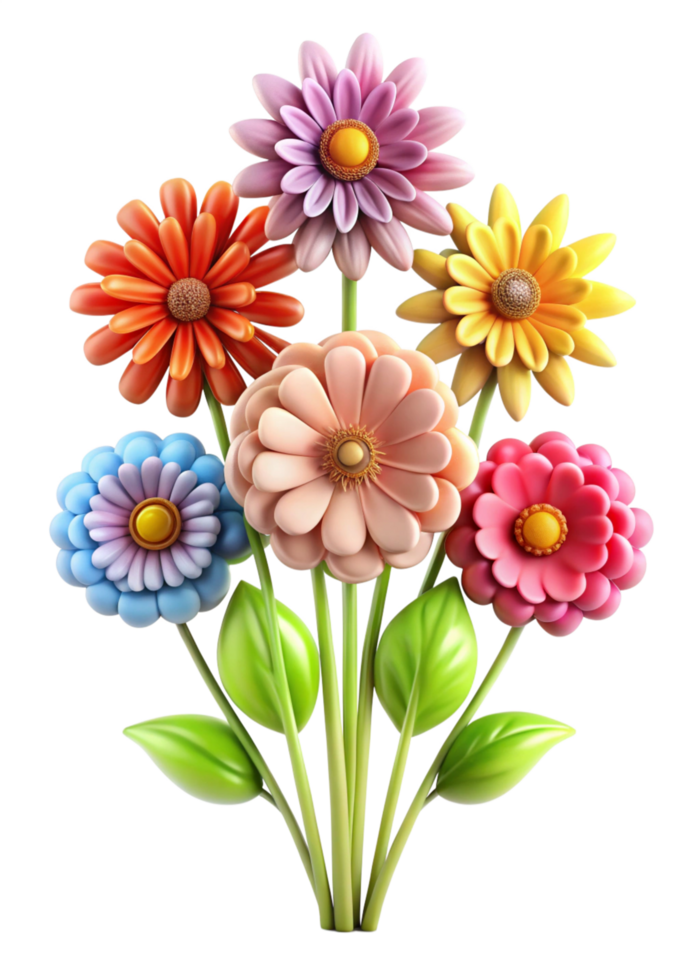 Vibrant Bouquet of Colorful 3D Cartoon Flowers with Lush Green Leaves png