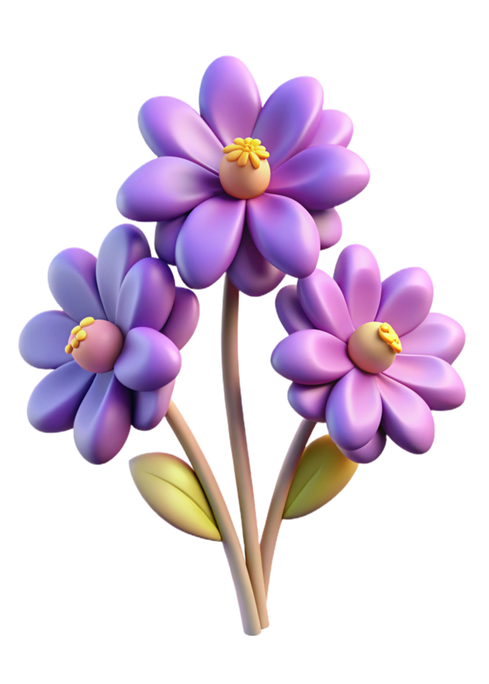 Three Dimensional Render of Cute Purple Flowers with Yellow Centers and Green Leaves png