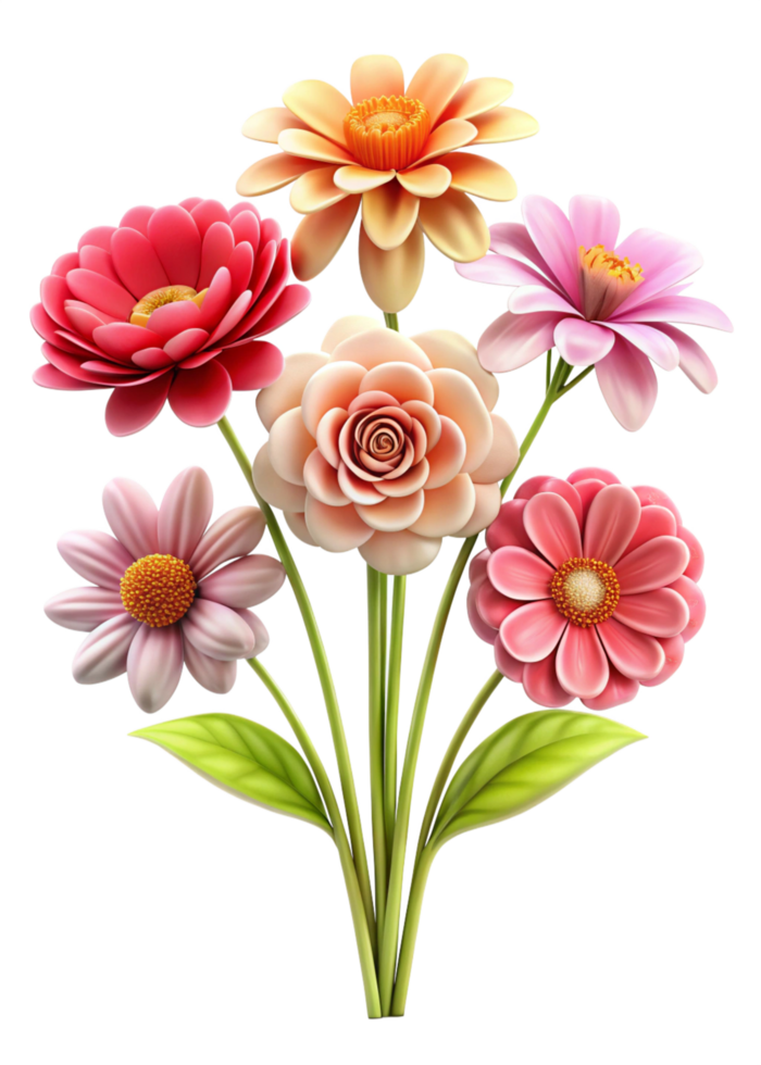 Vibrant Bouquet of Colorful Flowers Stunning 3D Render of Pink Peach and Yellow Blooms png