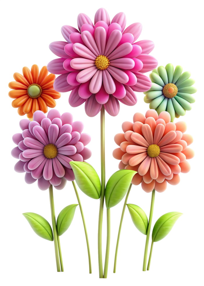 Vibrant Bouquet of Five Colorful 3D Flowers with Green Leaves png