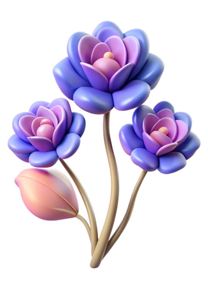 Three Dimensional Render of Pastel Purple and Pink Flowers with Beige Stems png