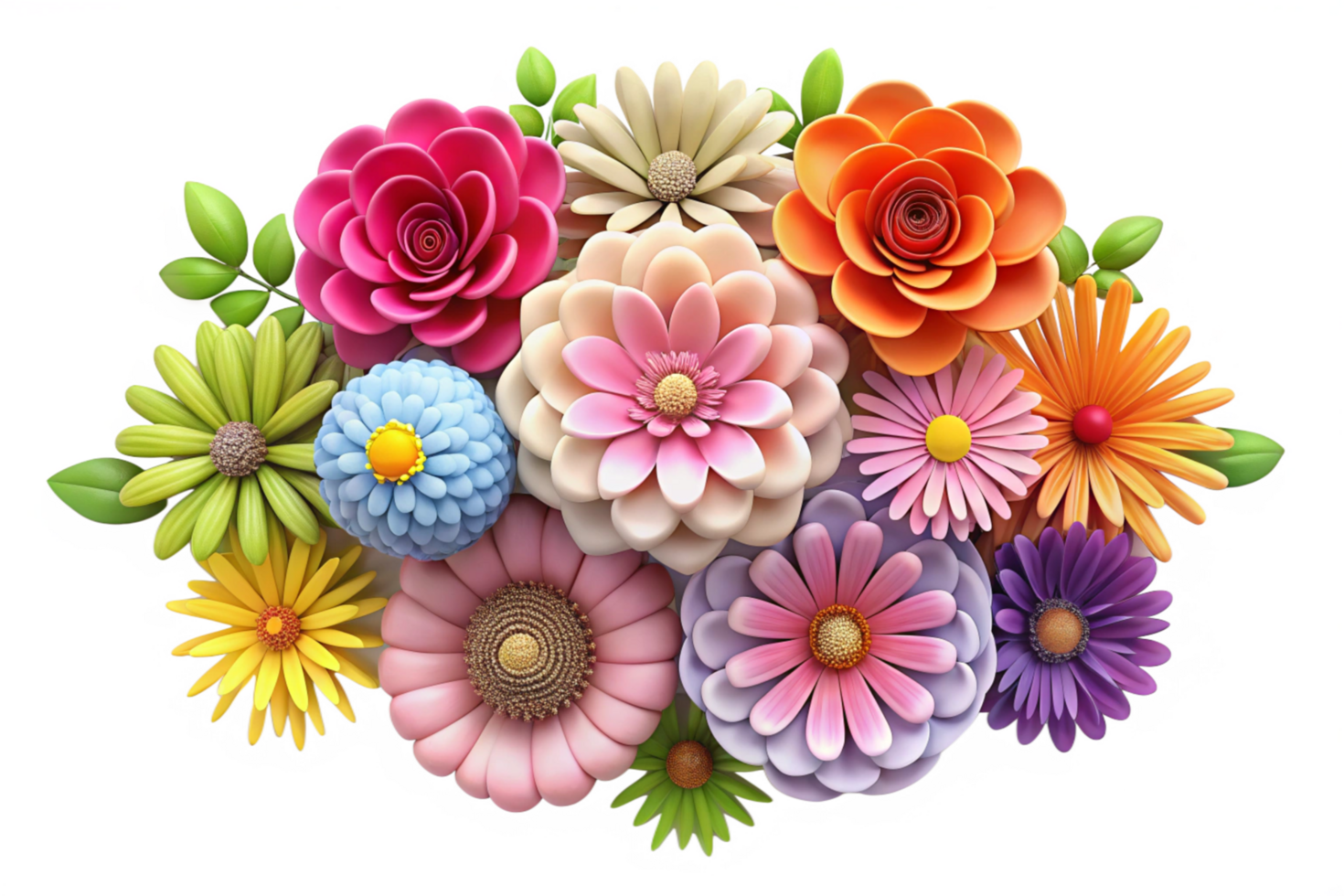 Vibrant 3D Render of a Colorful Flower Bouquet Featuring Various Blooms png