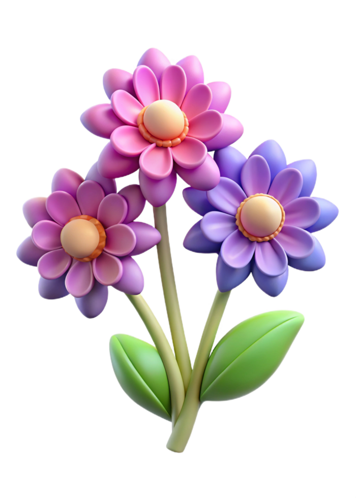 Three Dimensional Render of Cute Cartoon Flowers with Pink and Purple Petals and Green Leaves png