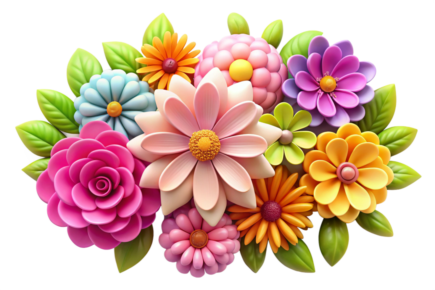 Vibrant 3D Render of a Colorful Flower Bouquet with Pink Rose and Daisy Flowers png