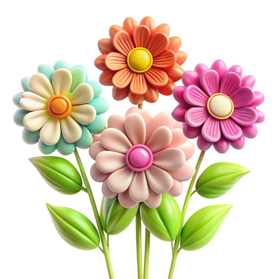 Vibrant 3D Render of a Bouquet of Colorful Cartoon Flowers with Glossy Petals and Green Leaves png