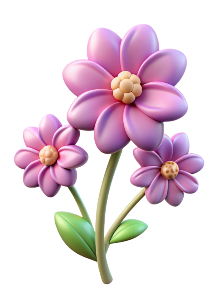 Three Dimensional Render of Cute Cartoon Pink Flowers with Green Leaves png