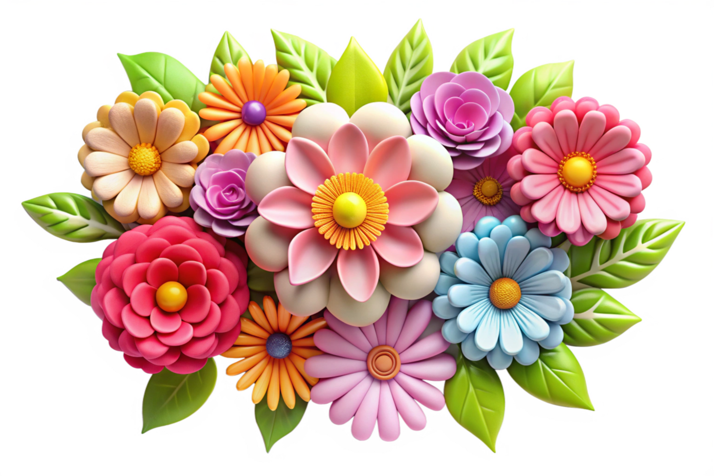 Vibrant 3D Render of Colorful Flower Bouquet with Lush Green Leaves png