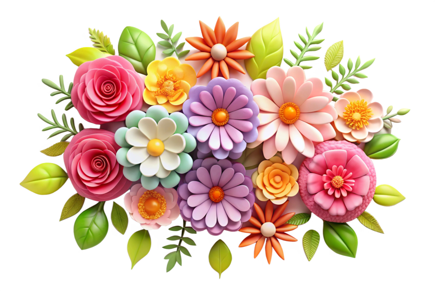 Vibrant 3D Render of a Colorful Flower Bouquet with Paper Flowers and Lush Green Leaves png