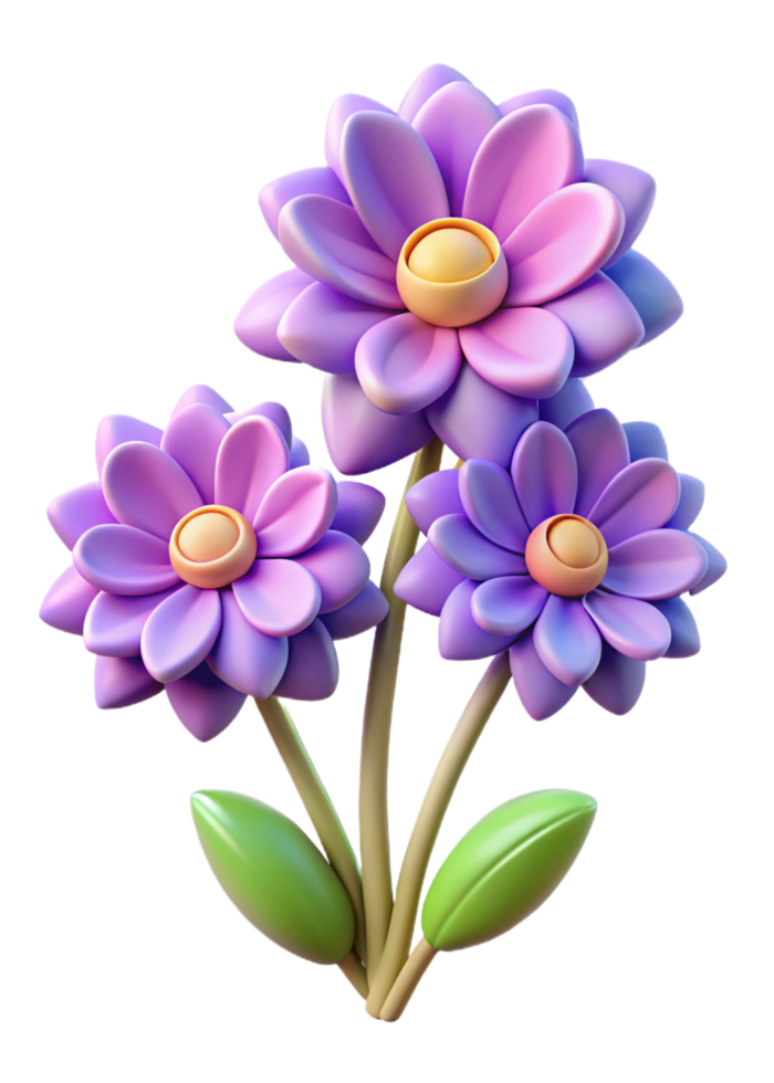 Three Dimensional Render of Cute Purple Flowers with Green Leaves png