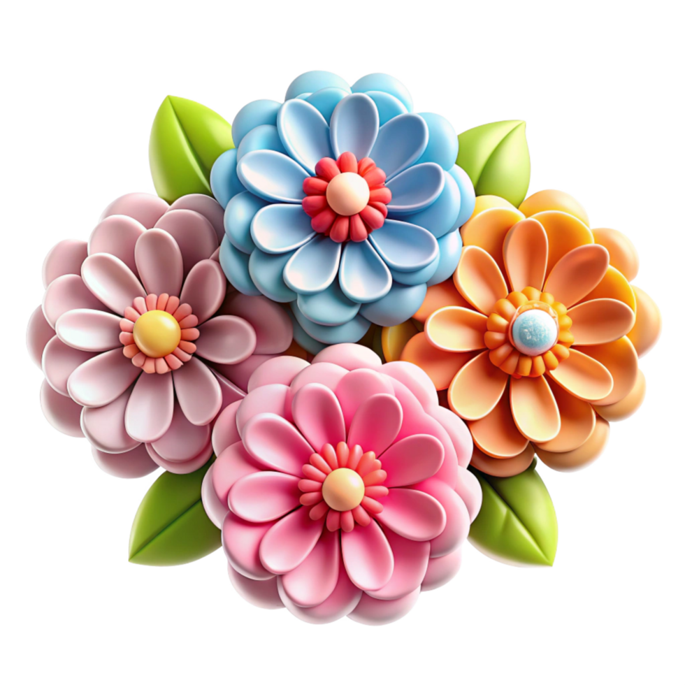 Delightful Bouquet of Colorful 3D Flowers with Lush Green Leaves png