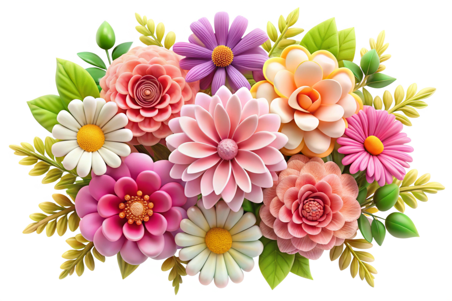 A vibrant and colorful bouquet of various flowers with lush green leaves png