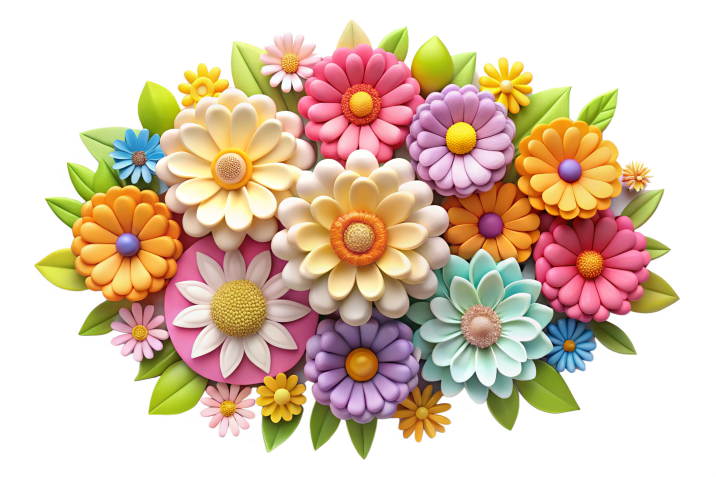 3D Render of a Colorful Flower Bouquet with Lush Green Leaves png