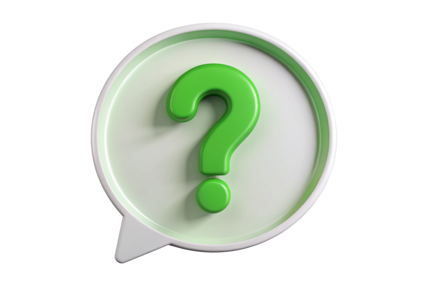 Green question mark in a white speech bubble 3D rendering, help support FAQ information inquiry png