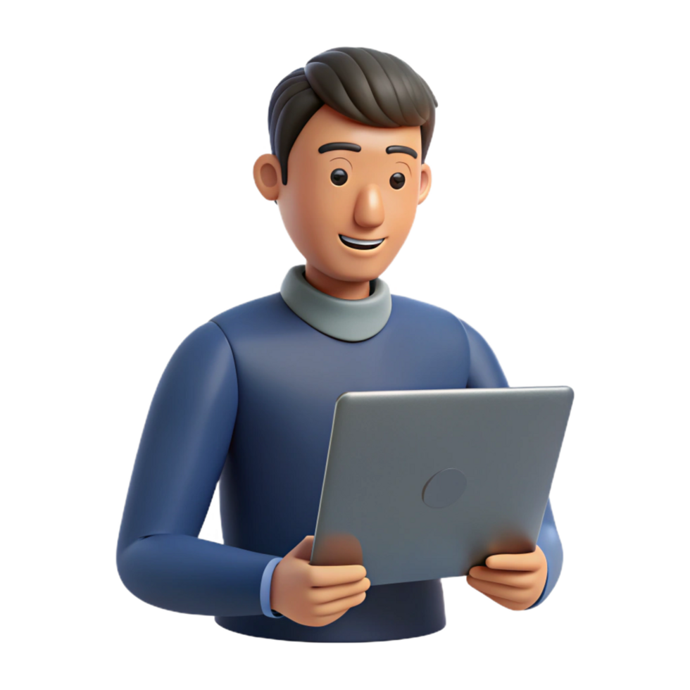 3D Render of a Smiling Man Using a Tablet Computer Device png