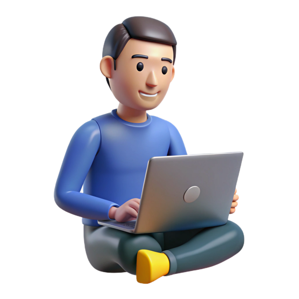 3D Render of a Smiling Man Sitting Crosslegged and Working on a Laptop Computer png