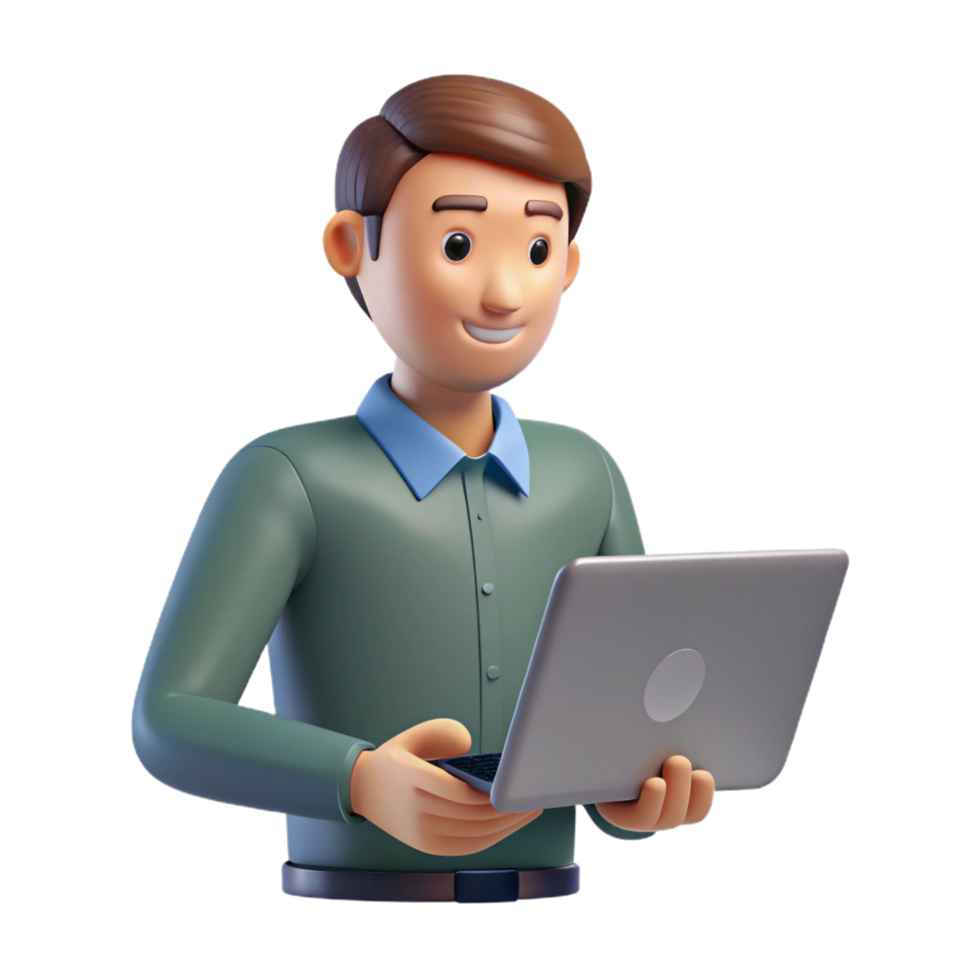 Smiling 3D Cartoon Man Using Laptop Computer Technology png