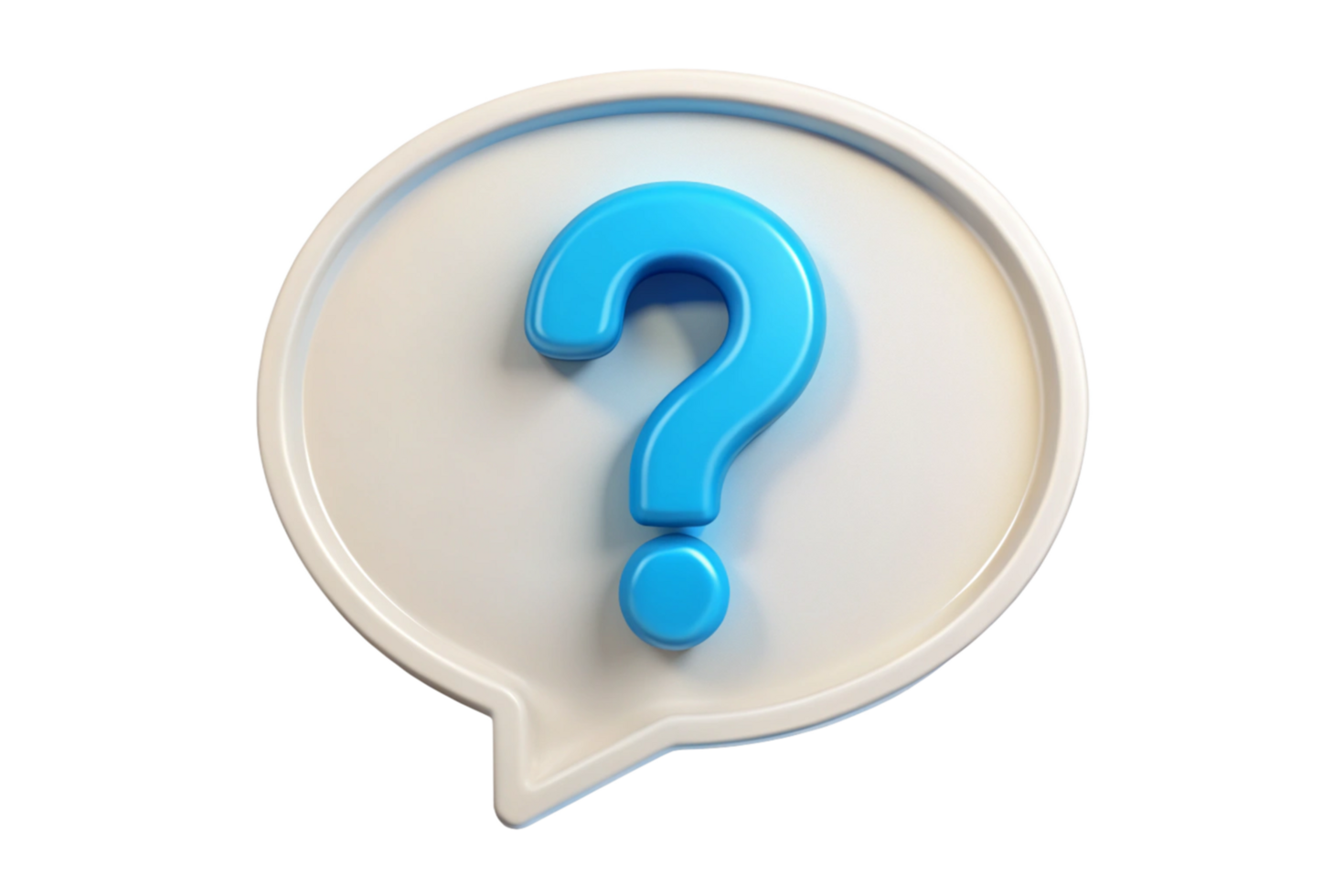 A 3D rendered image of a blue question mark inside a white speech bubble png