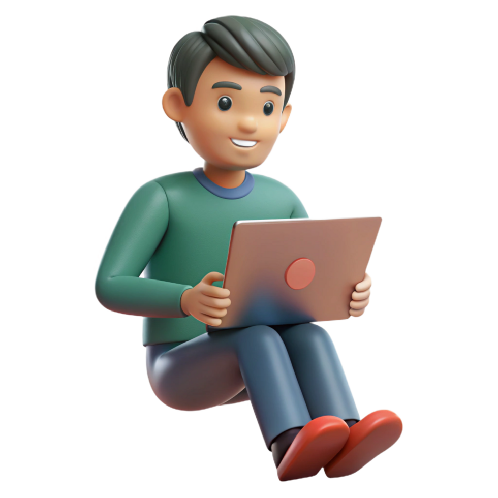 Smiling 3D Cartoon Man Sitting and Using a Laptop Computer png