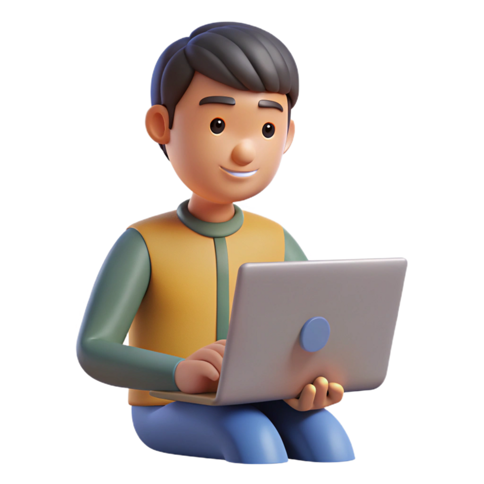 3D Render of a Smiling Boy Using a Laptop Computer png