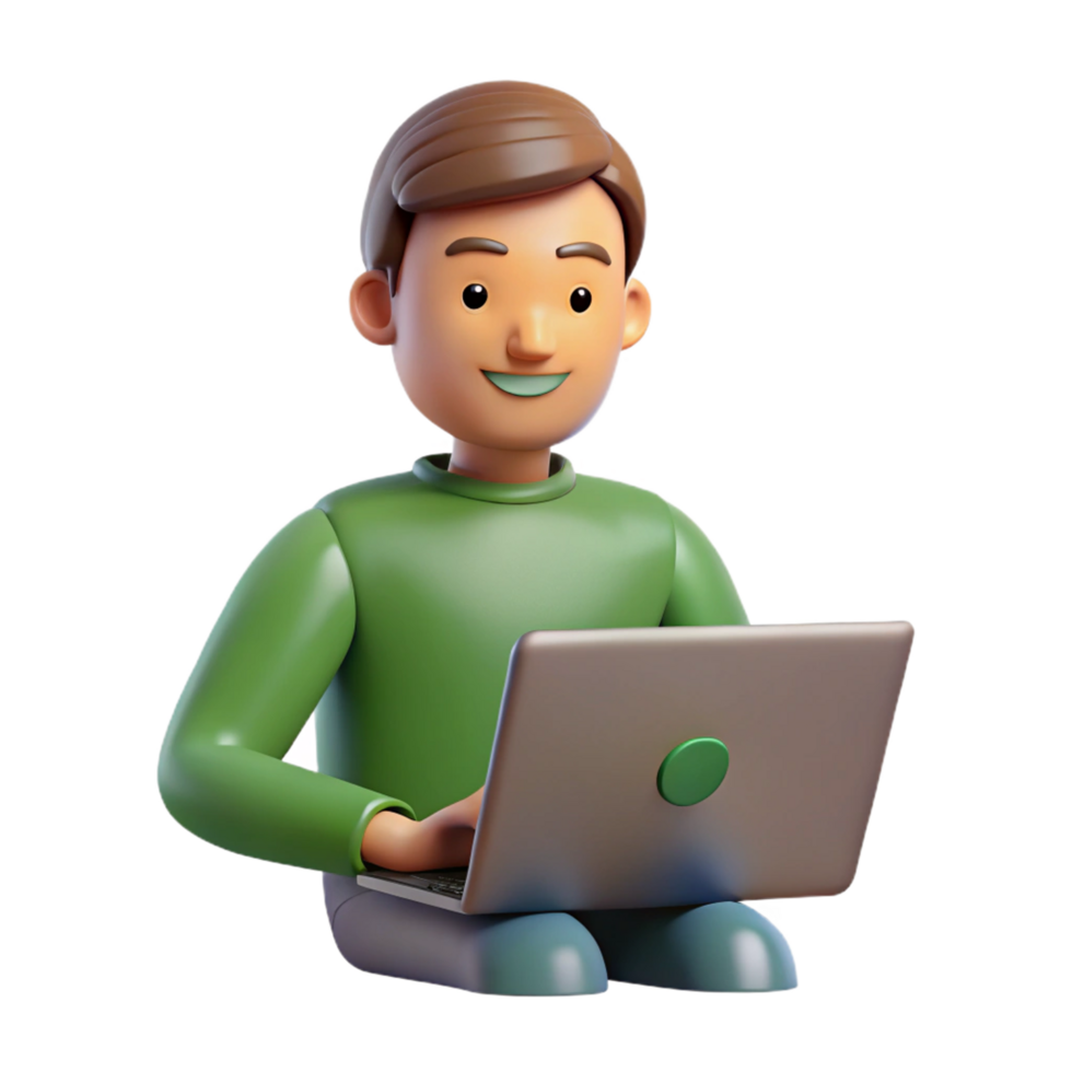 Smiling 3D Cartoon Man Working on Laptop Computer png