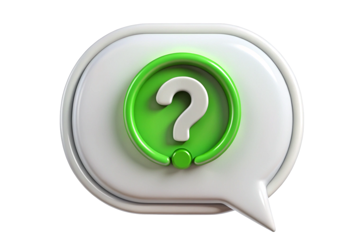 3D Render of a White Speech Bubble with a Green Question Mark png
