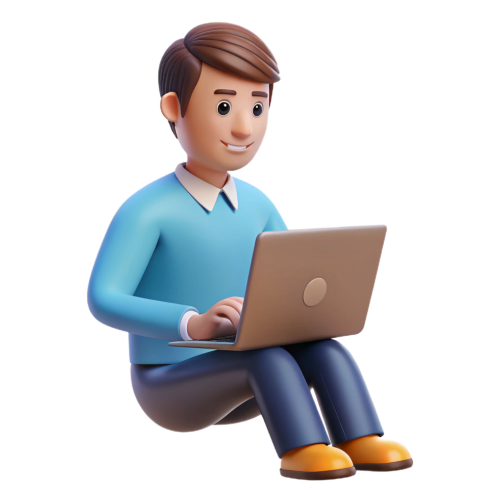 3D Render of a Smiling Man Sitting and Using a Laptop Computer png