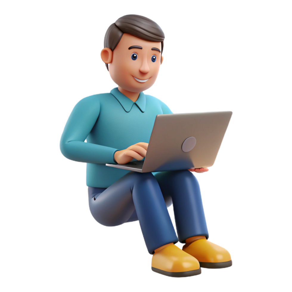 Happy Cartoon Man Sitting on the Floor Using a Laptop Computer png