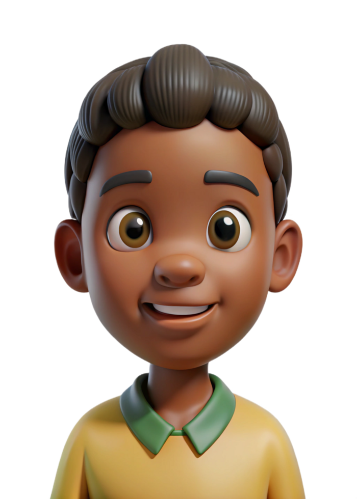 Adorable 3D Render of a Smiling Young Boy with Dark Skin and Brown Hair png