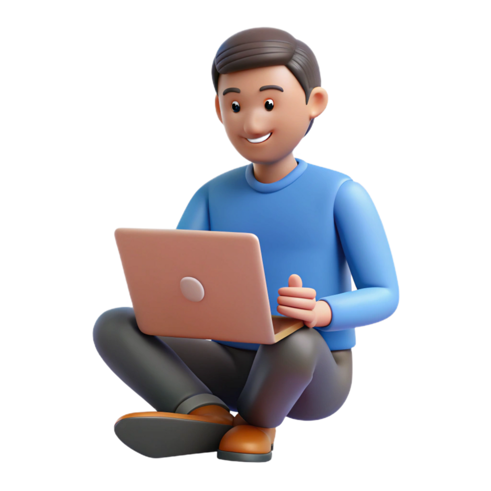 Smiling 3D Cartoon Man Sitting Crosslegged Using a Laptop Computer png