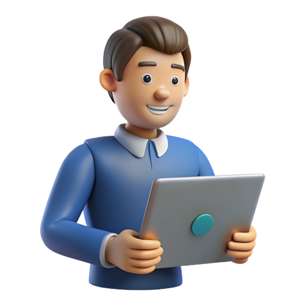 Smiling 3D Cartoon Man Using a Tablet Computer Device png