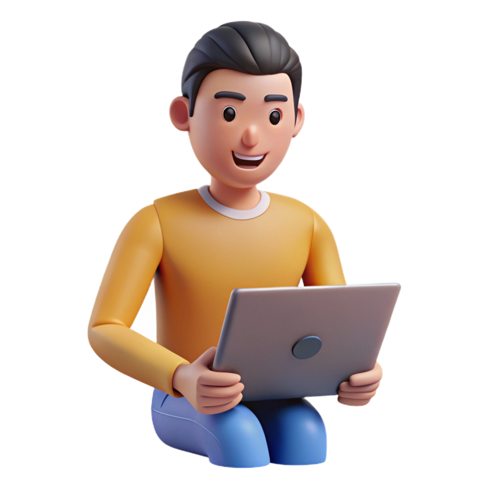 3D Render of a Happy Man Sitting and Using a Laptop Computer png