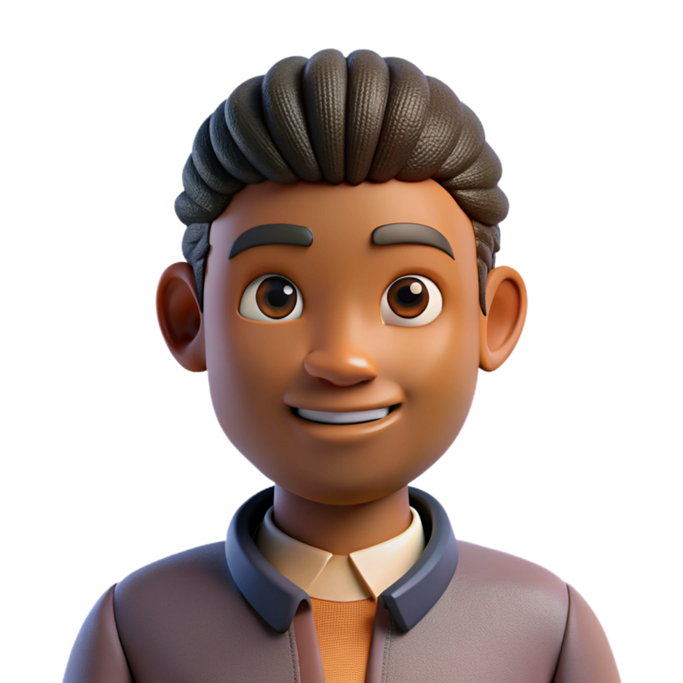 Smiling 3D Cartoon Boy Render Brown Skin Happy Face Avatar Character Illustration png