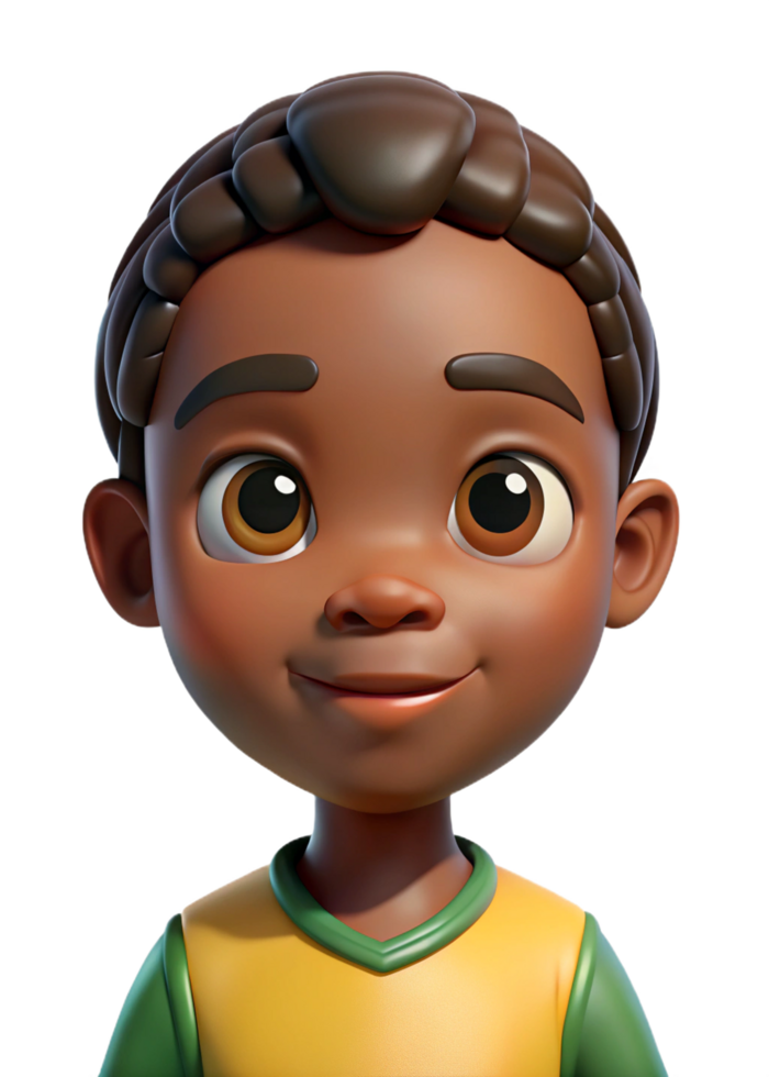 Adorable 3D Render of a Smiling Young Boy with Braids Wearing a Yellow and Green Shirt png