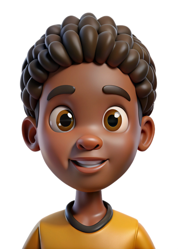 Adorable 3D Render of a Smiling Young Black Boy with Curly Hair Wearing a Yellow Shirt png