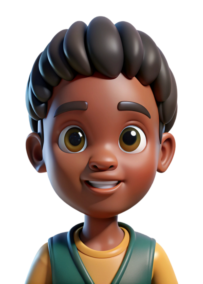 Adorable 3D Render of a Smiling Young Boy with Dark Skin and Braided Hair png