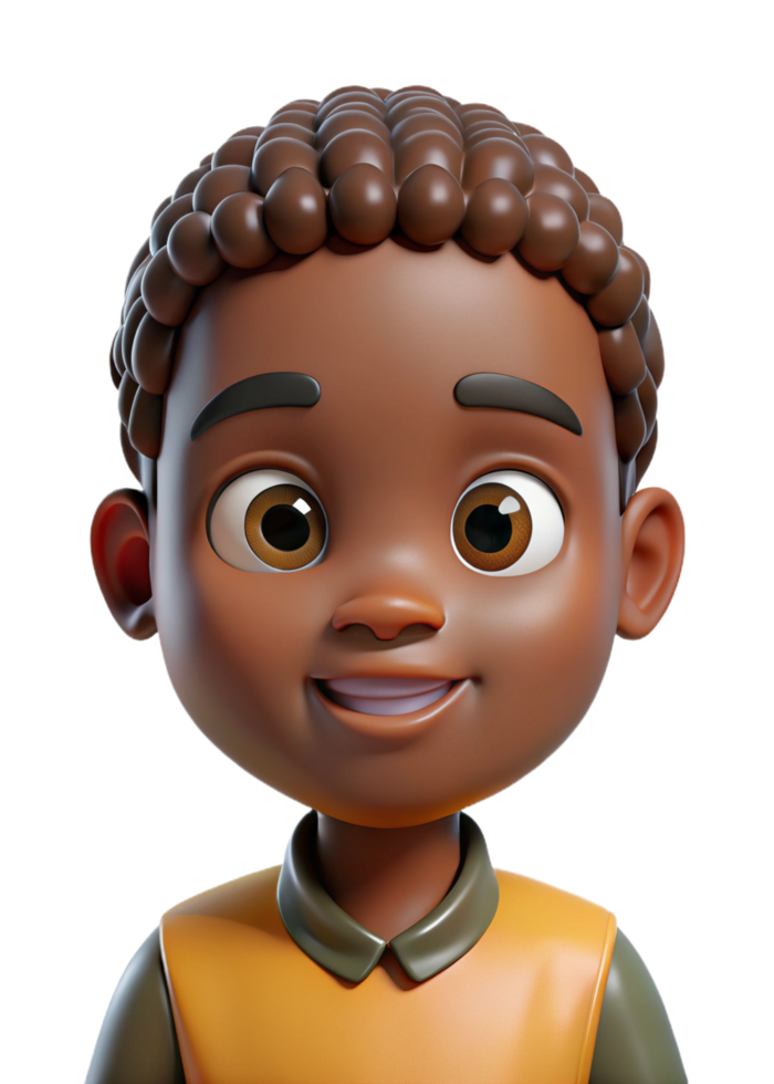 Adorable 3D Render of a Smiling Black Boy with Brown Hair png