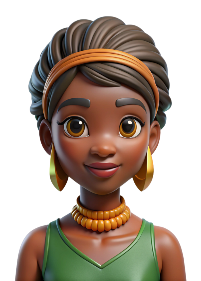 A stunning 3D render of a young Black girl with a joyful expression, adorned with traditional African jewelry and a vibrant green outfit png