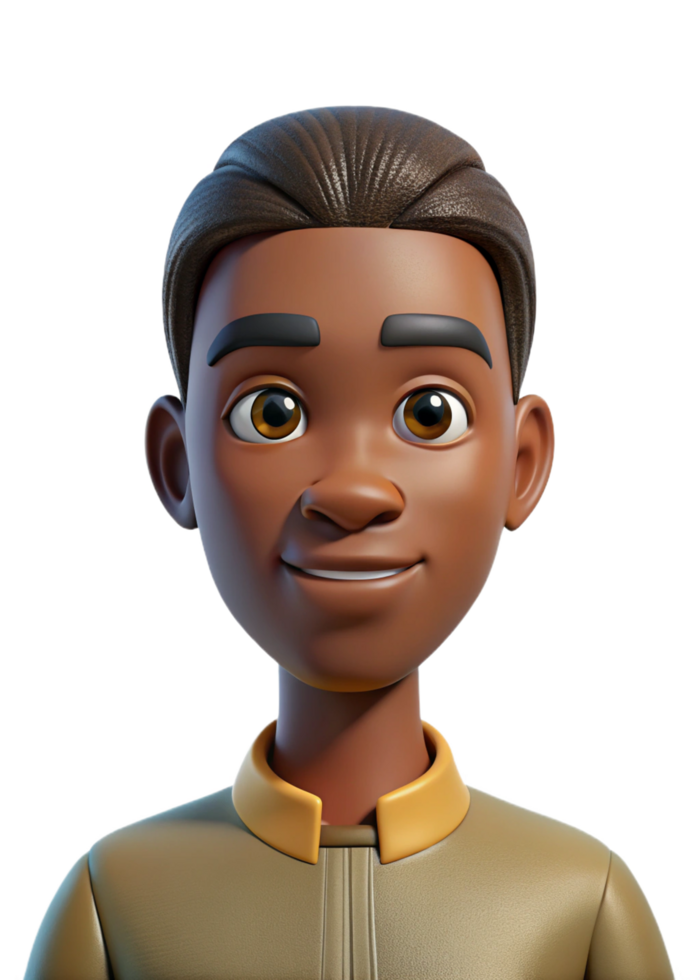 Smiling 3D Render of a Young Black Boy with Brown Hair Wearing a Tan Shirt with a Mustard Yellow Collar png