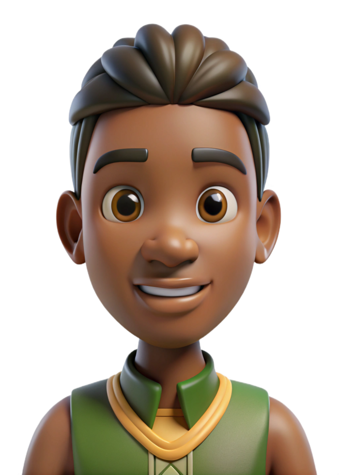 Smiling Cartoon Boy 3D Render Happy Dark Brown Skin Avatar Friendly Character Design png