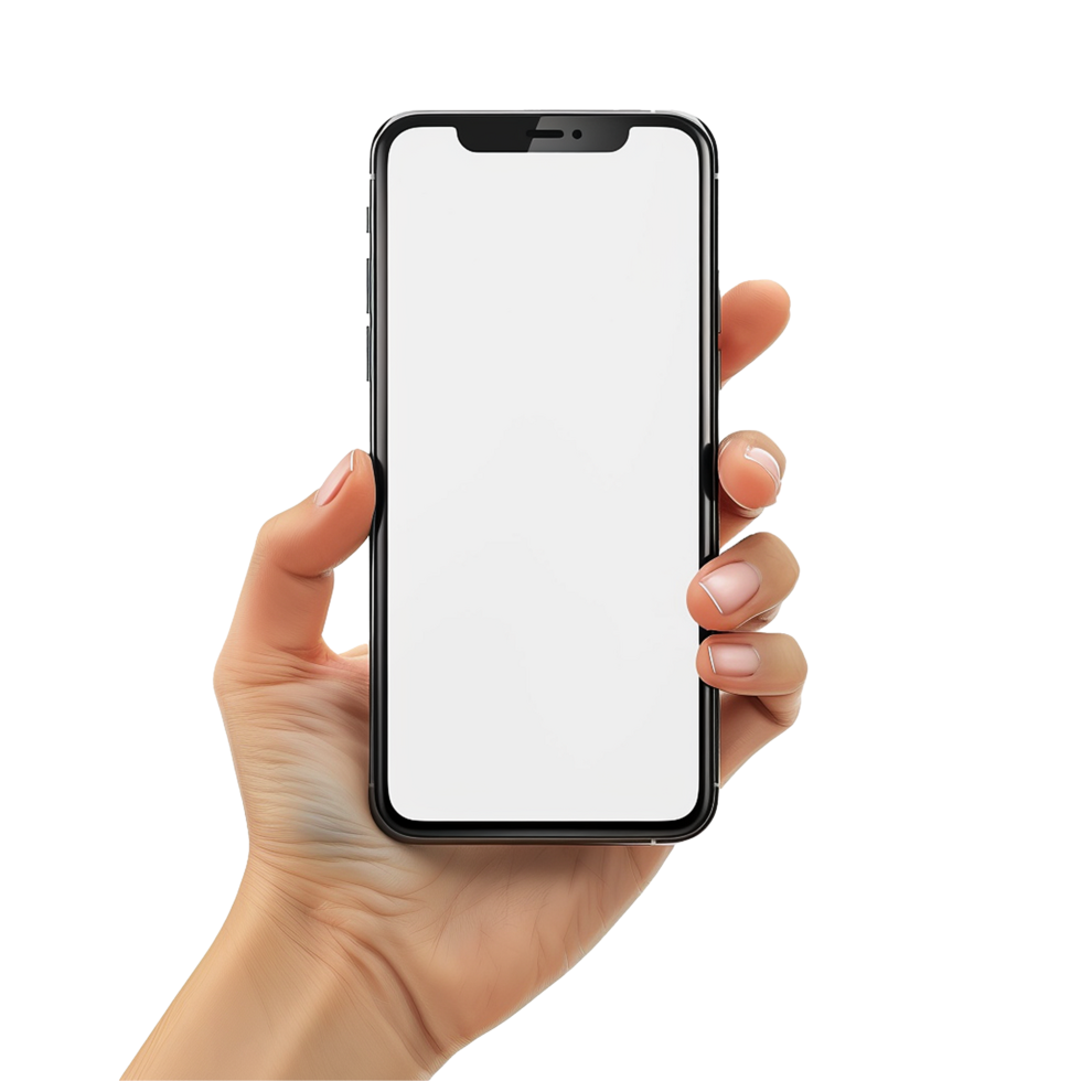 A hand holding a smartphone with a blank white screen, showcasing mobile technology and app interface design png