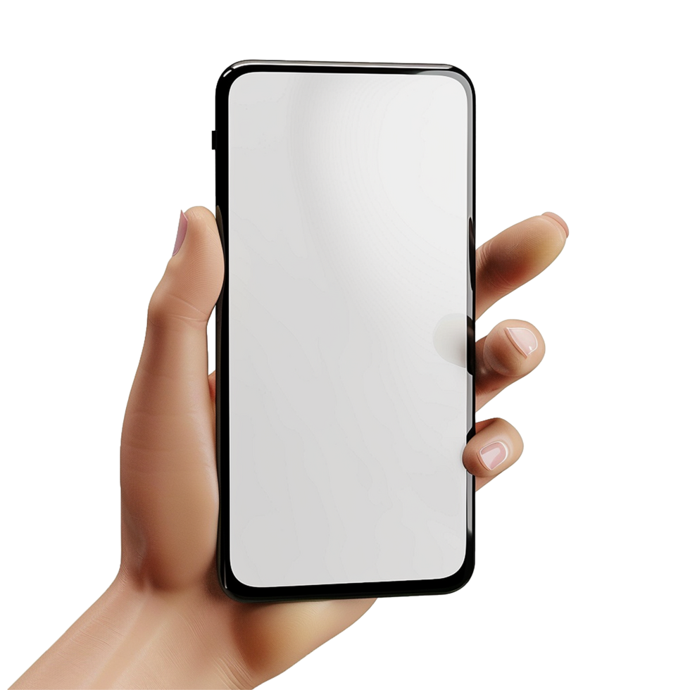 A hand holding a smartphone with a blank white screen, showcasing a modern mobile device and user interaction png